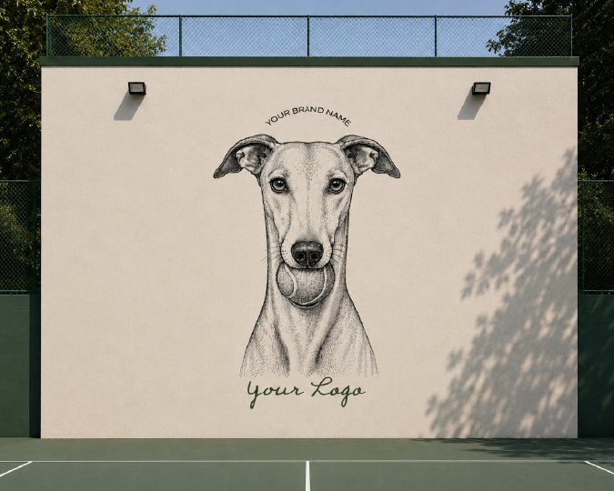 Greyhound mural painted on a tennis court wall
